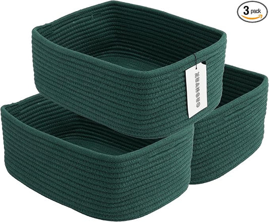 XUANGUO Small Woven Storage Baskets for Shelves, 13" x 9" x 5", Dark Green | Decorative rope storage bins for closets and toy storage; cute organizer baskets, empty gift baskets and nursery storage.