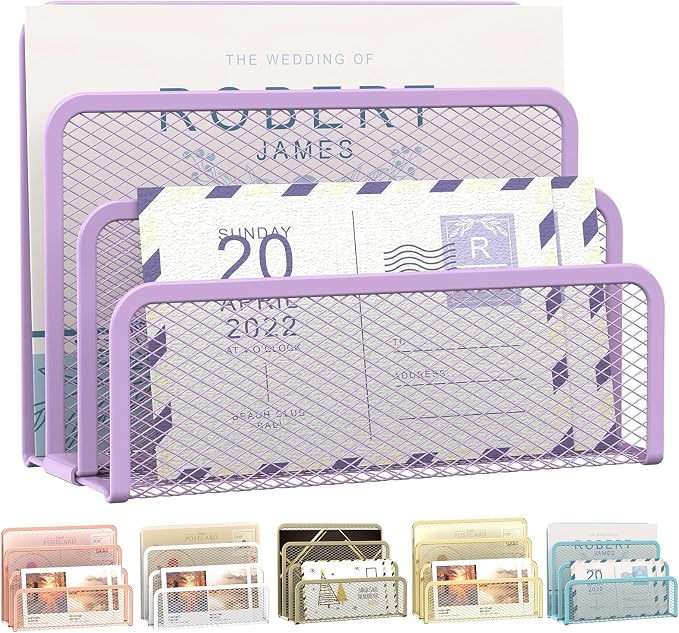 Mail Organizer Countertop for Desk, Mail File Holder with 3-Slot, Purple | Metal Mesh Mail Sorter for Letters, Envelopes, Bills, and Files for Home Offices, Classroom Organization