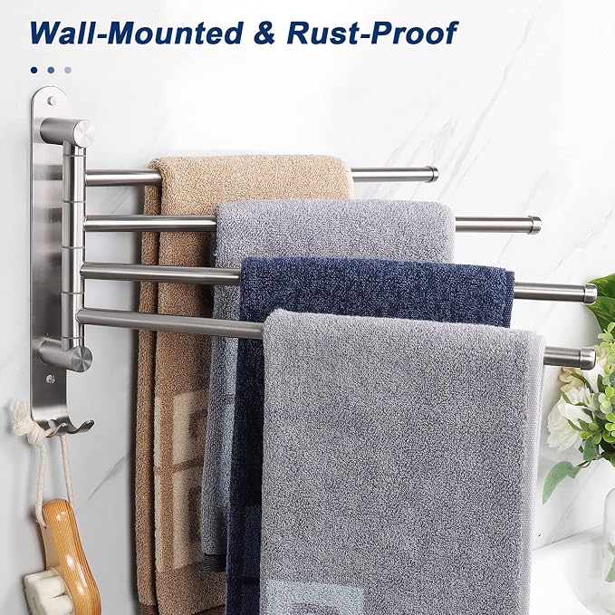 NearMoon Swivel Towel Rack, 13.8" Thicken 304 Stainless Steel 4-Arm Towel Bar, Space Saving Wall Mounted Towel Holder with Hook, Rustproof Swing Out Towel Hanger for Bathroom, Kitchen (Brushed Nickel)