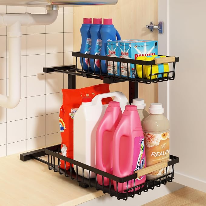 Under Sink Organizer, Adjustable 2 Tier Pull Out Kitchen Bathroom | cabinet organizer, 5 level adjustable, quiet sliding rails, dual suction and nano tape, no drill, rust resistant holds 50 lbs