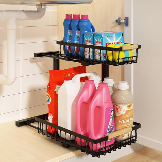 Under Sink Organizer, Adjustable 2 Tier Pull Out Kitchen Bathroom | cabinet organizer, 5 level adjustable, quiet sliding rails, dual suction and nano tape, no drill, rust resistant holds 50 lbs