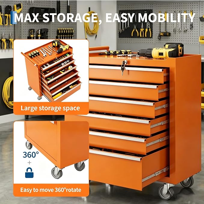 Garvee Rolling Tool Chest, 6 Drawers Tool Storage Cabinet, Toolbox with Wheels, Portable Tool Cabinet Organizer with Locking System & Drawer Liners, Tool Storage Cart for Garage, Workshop, Orange