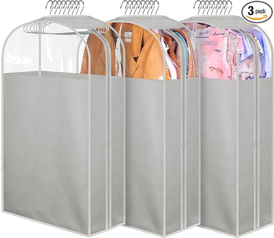 MISSLO 10" Gusseted Garment Bags for Hanging Clothes 32" Suit Bags for Closet Storage Clothing Covers for Shirts, Coats, 3 Packs, Grey