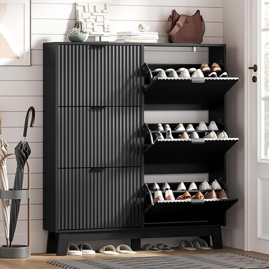 HUANLEGO Shoe Cabinet Storage for Entryway with 6 Flip Drawers, Fluted Narrow Shoe Organizer with Wooden Legs, Freestanding Slim Shoe Storage Hidden Shoe Rack Organizer for Front Door Entrance, Black
