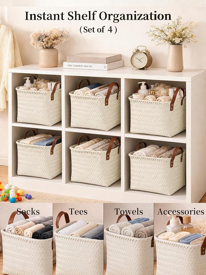 Wicker Storage Baskets, 4 Pack Woven Baskets for Shelves, White | PP Rattan, Water-resistant Wicker Basket, Large Baskets with Faux Leather Handles for Blanket, Laundry Organizer, Room Decor