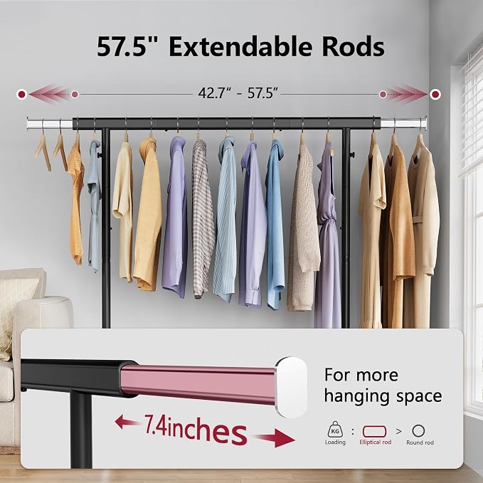 Clothes Rack with Shelf, Adjustable Heavy Duty Load 300 LBS, Black | Rolling Clothing Rack with Extendable Rod, Commercial Portable Garment Rack with Wheels for Bedroom, Laundry Room