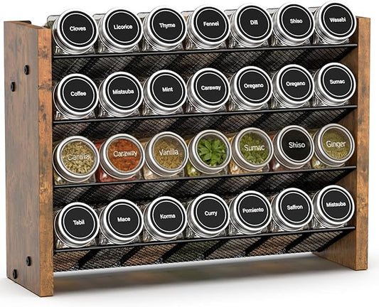 NESAPTO Spice Rack Organizer for Cabinet, Wood 4-Tier Vertical Seasoning Organizer, Wall Mount or Countertop Spice Shelf, Holds 28 Jars (No Jars Included), 14" W x 9.4" H