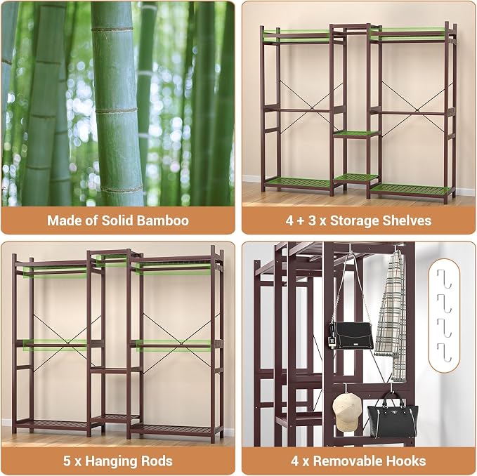 Bamboo Closet System Clothes Rack, Large Freestanding Garment Rack Clothing Rack for Hanging Clothes with 7 Storage Shelves and 5 Rods, Open Wardrobe Organizer with 4 Hooks, Espresso