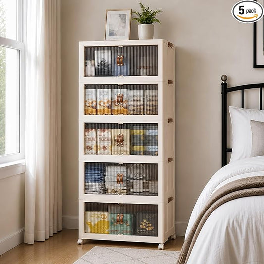 SAILUN 145Gal/580Qt Stackable Storage Bins Folding Collapsible Storage Bins with a Lid, Closet Organizers and Storage,Blush White 26" W x 17" D x 71" H