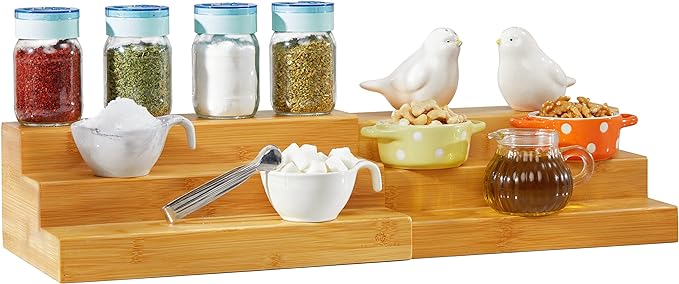 Bamboo Expandable Spice Rack Organizer, 3-Tier Adjustable Kitchen Cabinet | Countertop Display Shelf, Space Organizer for Kitchen and Bathroom