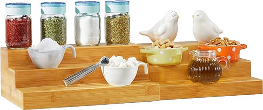 Bamboo Expandable Spice Rack Organizer, 3-Tier Adjustable Kitchen Cabinet | Countertop Display Shelf, Space Organizer for Kitchen and Bathroom