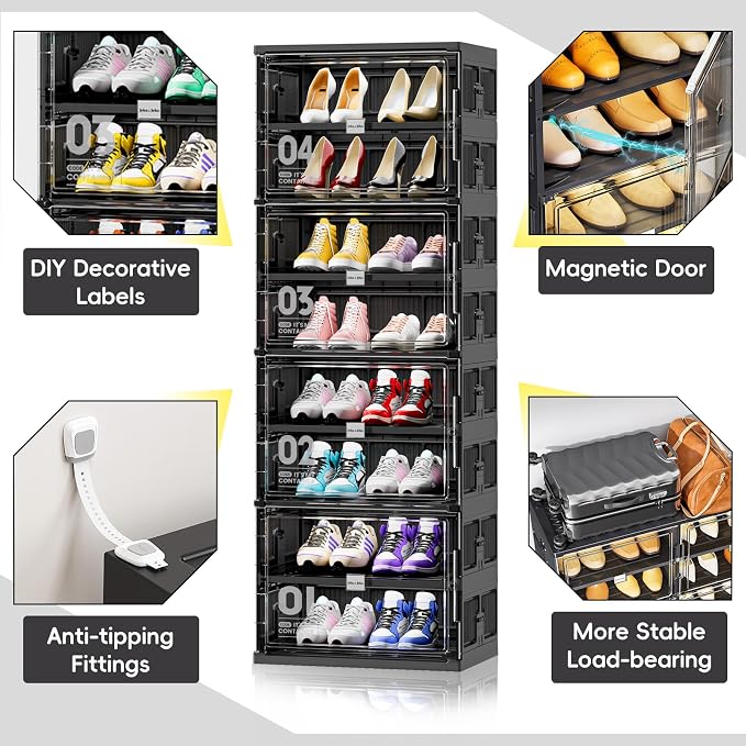 JEKO&JEKO 8 Tiers 16 Pairs Portable Shoe Organizer Storage Boxes with Magnetic Door, Folding X-Large Shoe Rack Free-Standing for Closet Entryway, Sneaker Storage Cabinet Fits US Size 12 (Black)