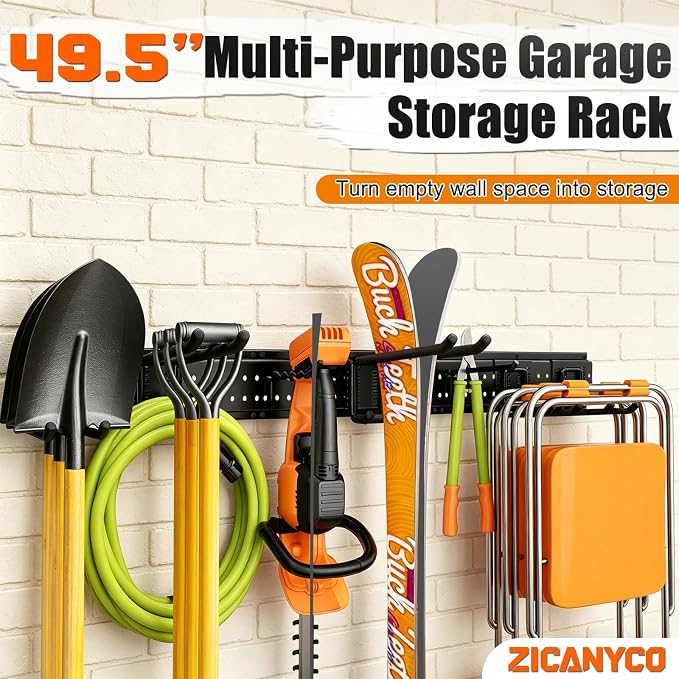 Garage Tool Organizer Wall Mount 49.5 inches with 10 Adjustable Heavy-Duty Hooks, Garage Organization, Garden Tool Storage Rack for Garage, Yard, and Shed, Holds Up to 400 lbs