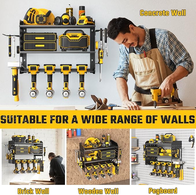 SUNALLY Power Tool Organizer, Wall Mount Garage Tools Storage Rack, Black | Metal Tool Storage Rack with 4 Drill Holders, Heavy Duty Power Tool Shelf for Garage,Warehouse,Workshop, Gift for Men,Husband