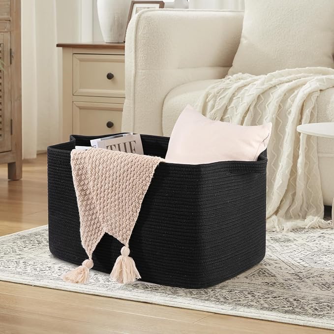 OIASKET 95L Large Blanket Basket, Black Blanket Storage Living Room, Rectangle Woven Baskets for Storage Toys, Towels, Dirty Clothes Organizer Bins (Black)