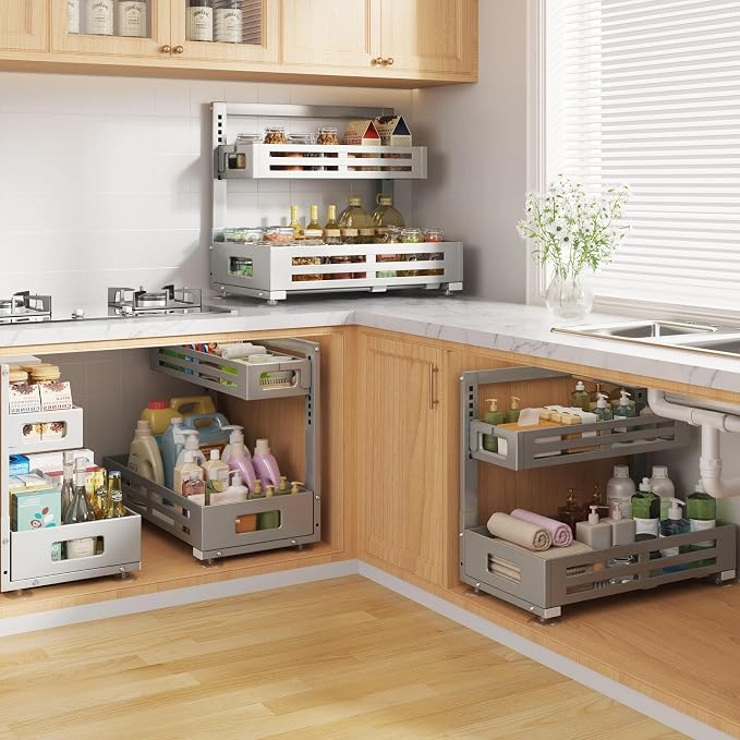 2 Pack 19IN-Depth Under Sink Organizer,Pull Out Cabinet Organizer With Smooth Cylindrical Rail,Metal Slide Out Drawer for Kitchen Bathroom Laundry,8-Level Tool Free Height Adjustable-Gun Gray