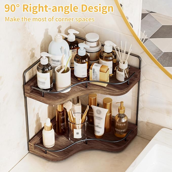 2-Tier Corner Bathroom Counter Organizer, Larger Size | Embedded Screw Holes, Sturdy & Stable, Oversized, Holds More, Vanity Shelf for Makeup & Skincare