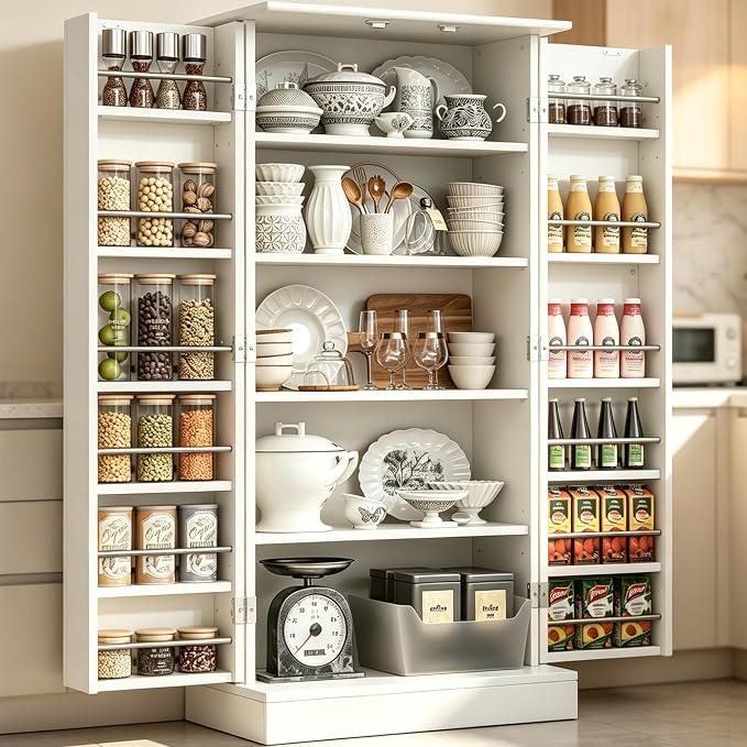 kepptory 47" Kitchen Pantry Cabinet with Doors and Adjustable Shelves, Freestanding Pantry Storage Cabinet, Farmhouse Buffet Cupboard for Kitchen, Dining Room, Living Room, White