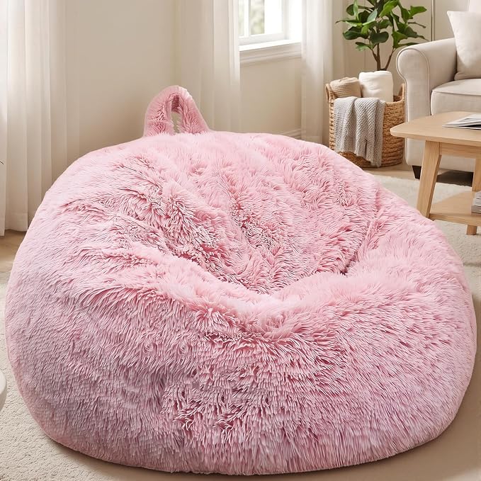 Stuffed Animal Storage Bean Bag Chair Cover, Soft Bean Bag Cover | Fluffy Faux Fur Stuffed Animal Storage Chair, Non-Slip Bottom, Fill with Plush Toys or Blankets, for Adults Teens Kids Girls