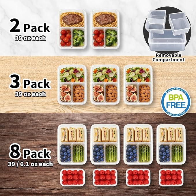 KIGI Food Storage Container Set for Meal Prep & Lunch, 0.7/4.7 Cup, 8 Pack | Removable Inner Inserts for Adjustable 1-4 Compartment storage, Leak-Proof & Airtight, Microwave Safe, BPA-free Plastic