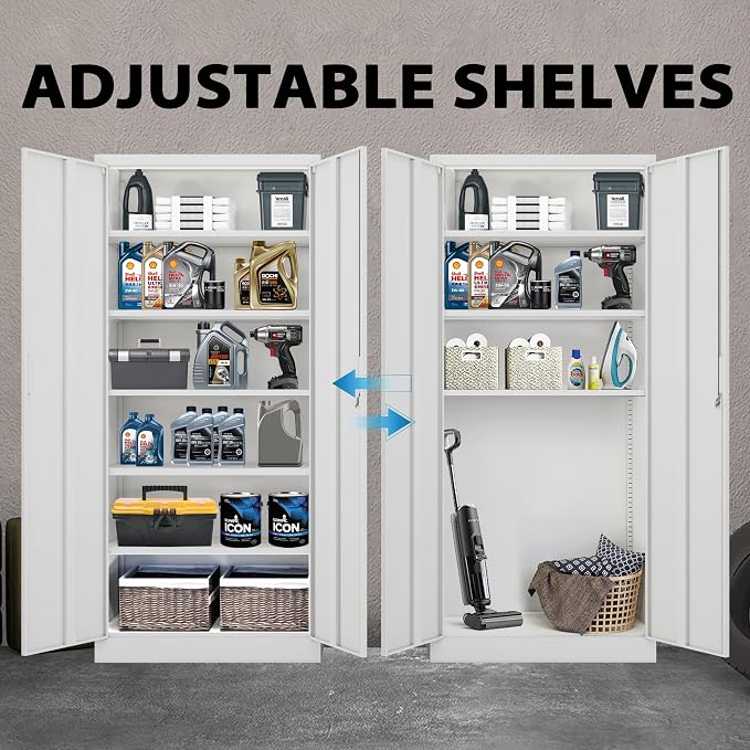 CJF 71" H Metal Storage Cabinet, Locking Cabinet with 2 Doors and 5 Adjustable Shelves, White Tall Cabinet for Garage, Home, Office, Pantry, Workshop, School