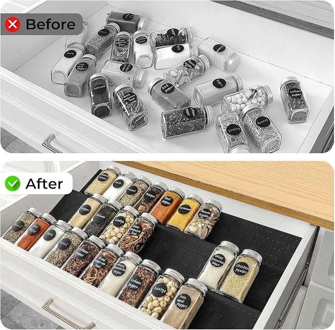 Famhap Spice Drawer Organizer Expandable 6 PCS for 11.6"-23.2" Wide Drawer | Durable Plastic, Slanted Seasoning Drawer Organizer, Use for Kitchen Spices Cosmetics
