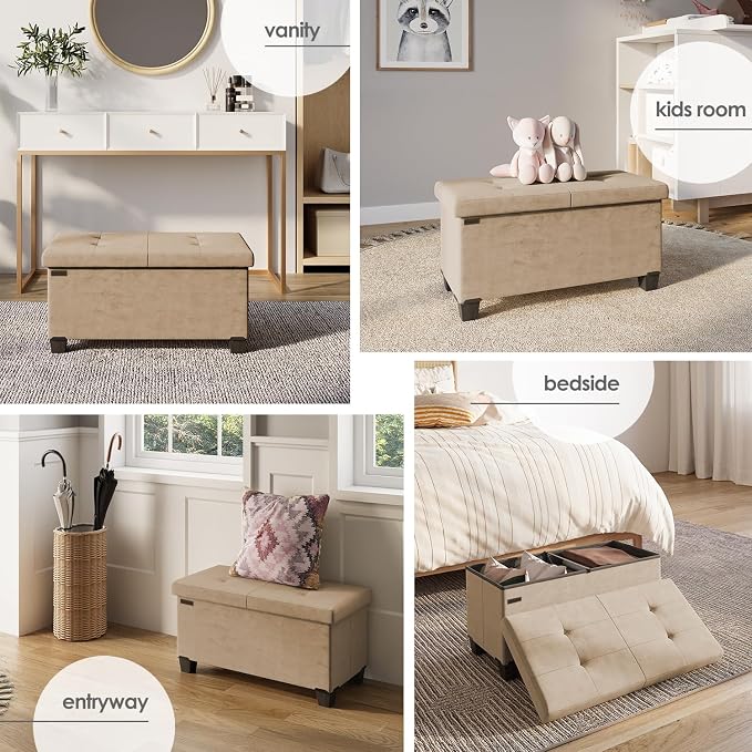 Storage Ottoman Bench with Bins, 30-in Storage Bench for Bedroom End of Bed, Folding Foot Rest Ottoman for Living Room Max 660lbs, Velvet Ottomans, Taupe