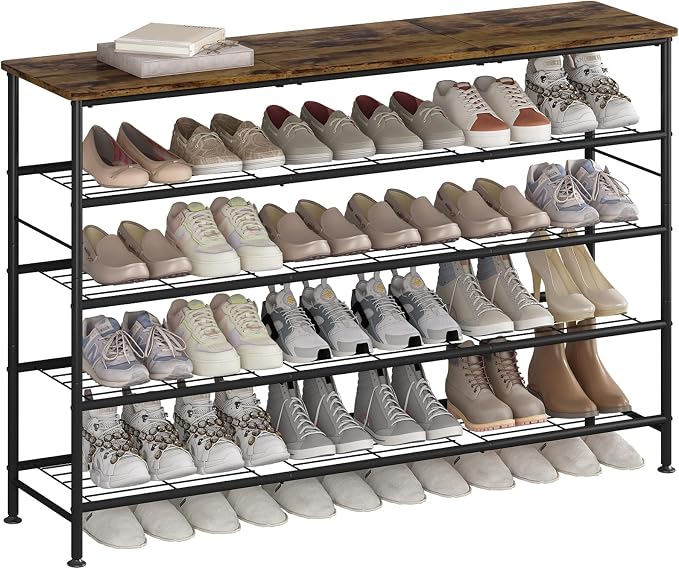 SUOERNUO 5 Tier Extra Long Shoe Rack Organizer Storage for Closet Entryway | Large Capacity Shelf,MDF Top Board,Sturdy Metal Frame,Ideal for Living Room,Hallway Black