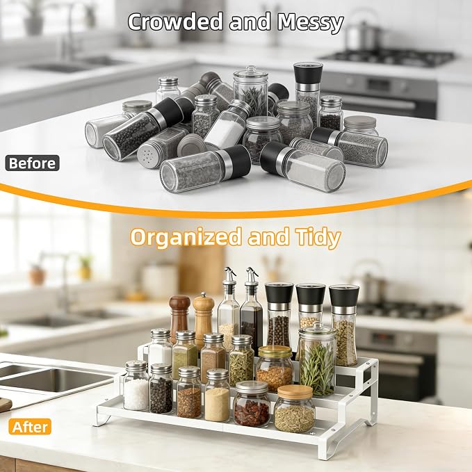 2 Pack Spice Rack Organizer for Cabinet, 13-21.5" Expandable Spicy Shelf | 9.45" Wide 3-Tier White Metal Seasoning Organizer, Kitchen Spice Organization, Slip-Resistant Guardrails for Jars and Cans