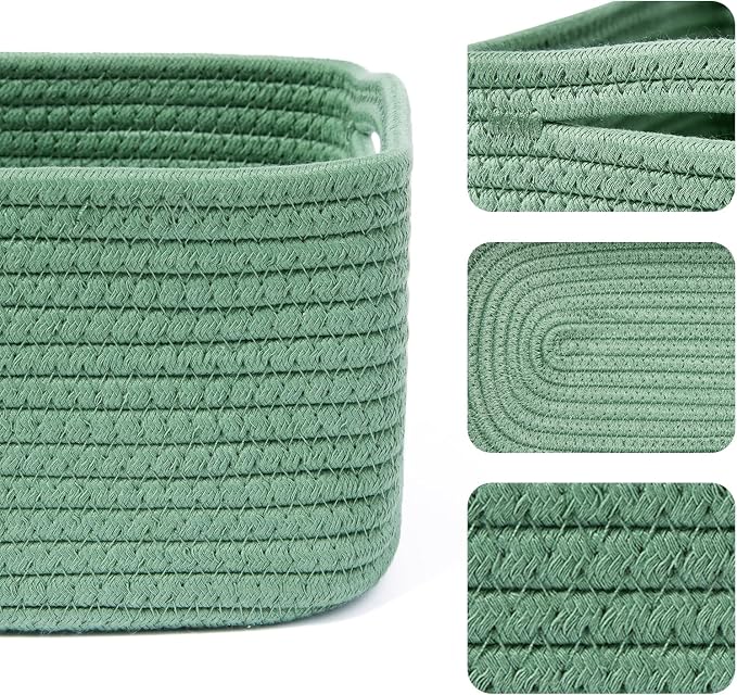 MiniArk Small Storage Baskets for Organizing | Closet Organizer Bins | Shelf Toy Basket | Woven Rope Baskets | Cube Decorative Box | Shallow Basket | 13x8.5x5.1” | 3 Packs Green