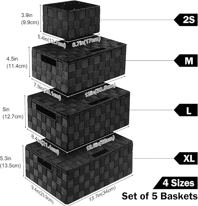 Storage Baskets with Lids: 5 Pack Stackable Woven Storage Bins, Black | Decorative Woven Baskets for Organizing with Built-In Handles for Shelves, Closets, Cabinets and Cubbies, Gift Small Basket