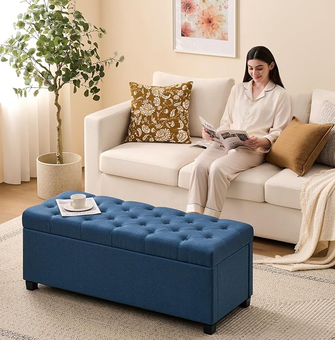 Living&Giving Storage Ottoman Bench for Bedroom, 47.2", Navy Blue | 47.2-inch storage ottoman with safety hinge, tufted upholstered seat and spacious hidden storage for everyday organization.
