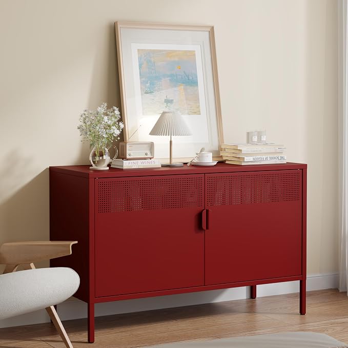 Metal Storage Cabinet with 2 Doors & Adjustable Shelves, Red | 25"H Accent Cabinet, Metal Locker Storage Cabinets, TV Stand Cabinet for Home, Office, Living Room, Entryway