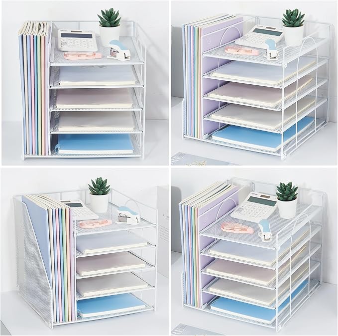 LEKETREE Desk Organizers and Accessories, 5-Tier Paper Letter Tray Organizer with File Holder, Desktop Organizer for Office Supplies (White)