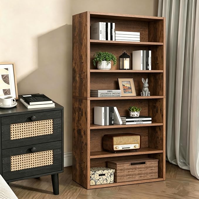 HealSmart 6 Tier Bookcase, Industrial 6 Book Shelf, 9.2" D x 23.8" W x 63" H Tall Open Cube Storage Organizer for Home Office, Living Room, Bedroom and Dinning Room, Brown
