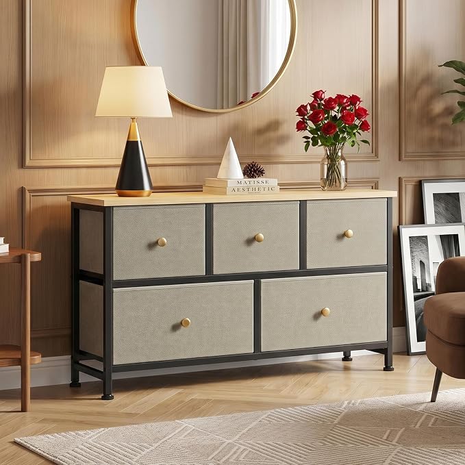 OLIXIS 5 Drawer Dresser for Bedroom, Storage Organizer Unit for Closet | Chest of Drawers for Clothes Storage with Bins, Wide Fabric Bedroom Dresser, Wooden Top, Living Room, Ink Green