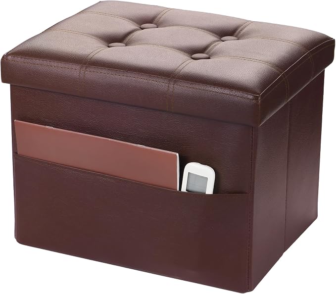 Bsketa Storage Ottoman Bench,17 Inch Folding Leather Foot Rest Stool, Brown | Small Ottoman with Side Pockets, Thicker Foam Padded Seat, Livingroom, Dorm, Bedroom, Easy to install, 43L,17x13x13in
