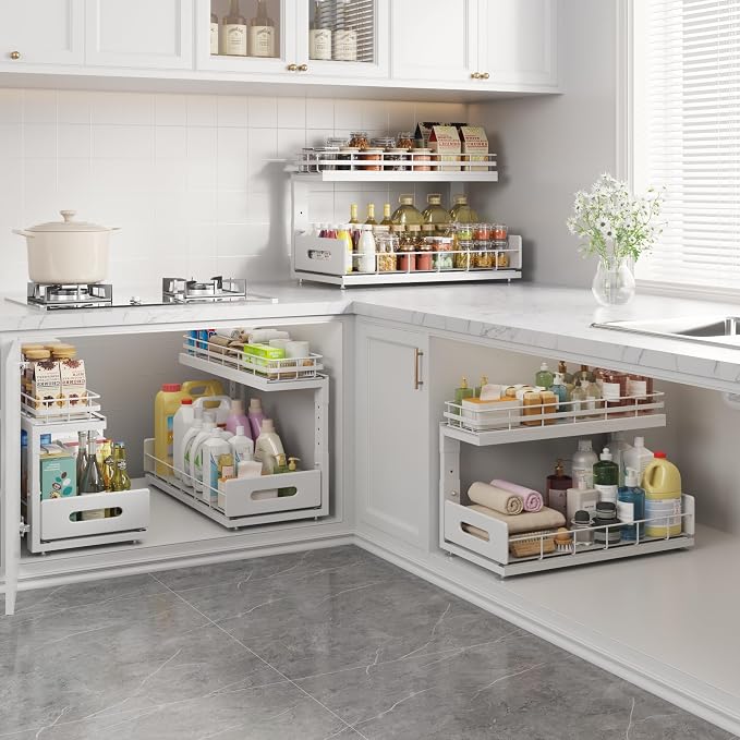 Under Sink Organizer Upgrade To Professional Rails,2-Tier Dual Pull Out Cabinet Storage,Height Adjustable Slide Out Drawers For Bathroom Kitchen,2 Pack-18.5"Dx12.8"-16.9"H,White