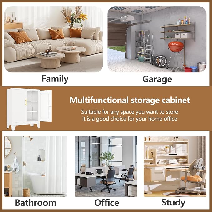GAIOUS White Metal File Cabinet with Lock(Two Units), Steel Storage Cabient | with 2 Doors and 2 Adjustable Shelves, Multifunctional Locked Cabinet for Home/Office/Garage/Tool Room, Accent Furniture