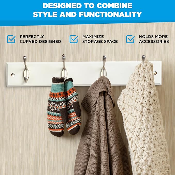 GlazieVault Coat Hooks Wall Mounted - MDF Board Nickel Hook Coat Rack(2 Pack) - Heavy Duty White -Coat Hooks for Wall Clothes Hooks and Wall Hooks