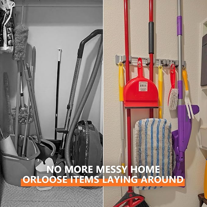 reliahom Broom Holder Wall Mount Mop Hanger Tools organizer 5Racks 4Hooks | Adjustable Mop Broom Wall Hanging Heavy duty Tools Storage Rack Space-saving for Garage,Kitchen,Laundry Room,Garden, Silver
