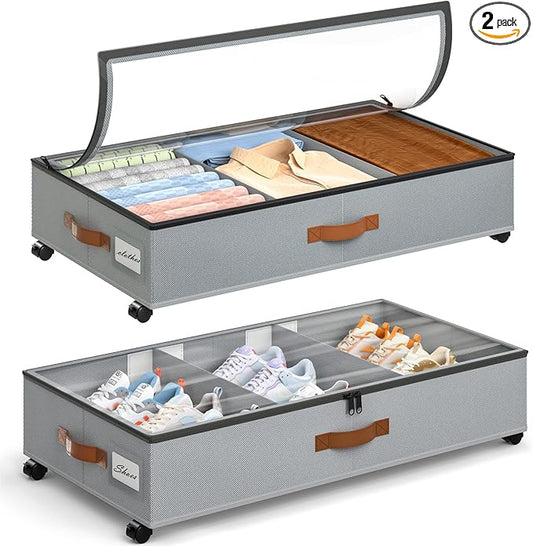 Yecaye Under Bed Storage with Wheels, 2 Pack Under Bed Storage Containers with Adjustable Dividers & Clear Window, Rolling Underbed Organizer Bins Drawers for Clothes, Shoes, Blankets, Grey