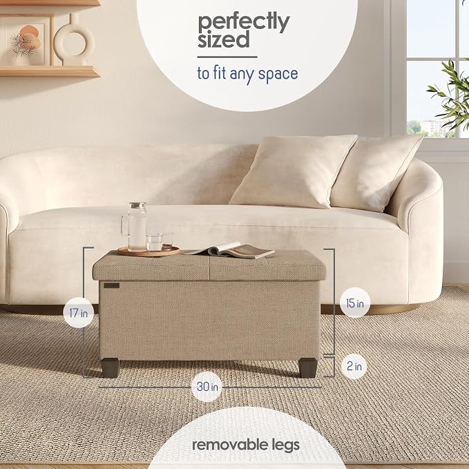 Storage Ottoman Bench with Bins, 30-in Storage Bench for Bedroom End of Bed, Folding Foot Rest Ottoman for Living Room Max 660lbs, Fabric Ottomans, Taupe
