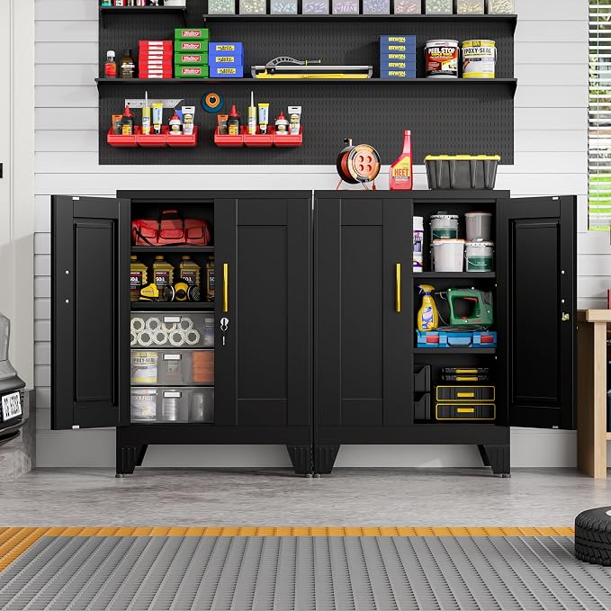 GAIOUS 36" Black Metal Storage Cabinet with Lock, Locking Cabinet with 2 Doors and 2 Adjustable Shelves, Bathroom Floor Cabinets, Freestanding Locked File Cabinets for Home/Office/Garage