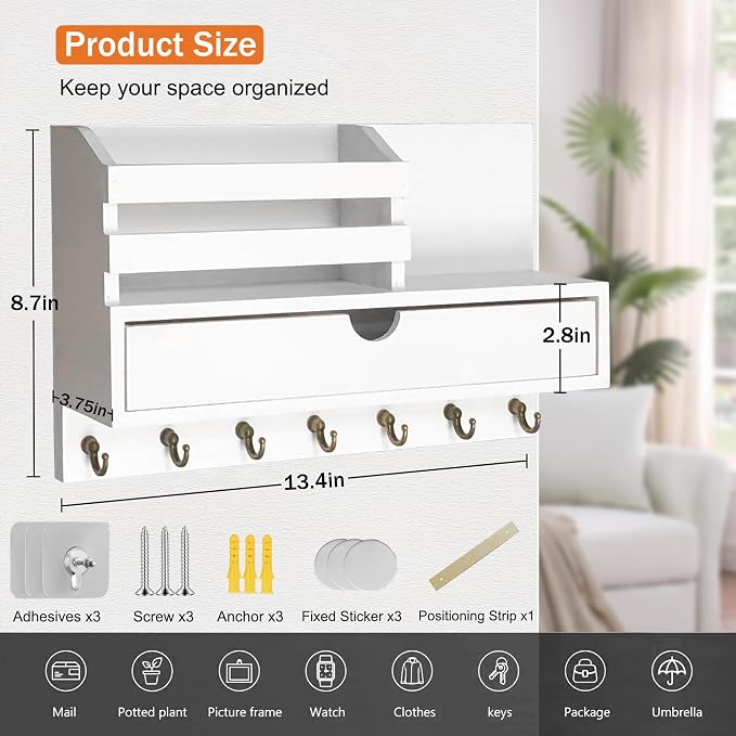 dreampossible Key and Mail Holder for Wall, Mail Organizer Wall Mount with 6 Hooks and Storage Drawer, Wooden Key Rack Hanger with Shelf for Entryway and Home Decor