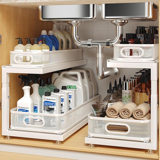 2-Pack 21.3 IN Depth Under Sink Organizer With Next-Gen Ball-Bearing Slides,Sophisticated Mesh 2-Tier Pull Out Shelf for Kitchen & Bathroom,Fits Small Items-White(Patented)