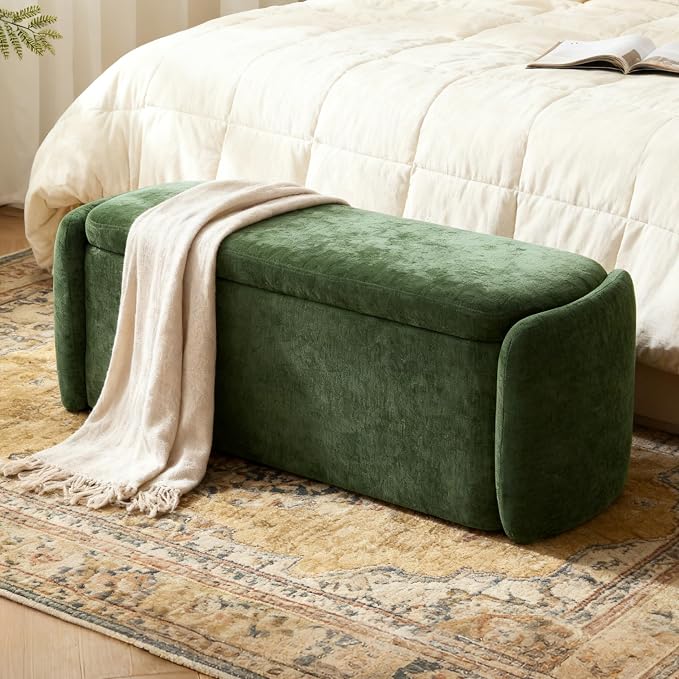 VKNOW Storage Bench, Upholstered Storage Ottoman Bench with Hinge, Green | Ottoman Bench with Large Capacity, Curved Frame, Soft Fabric, Storage Bench for Bedroom, Living Room, Entryway, Window