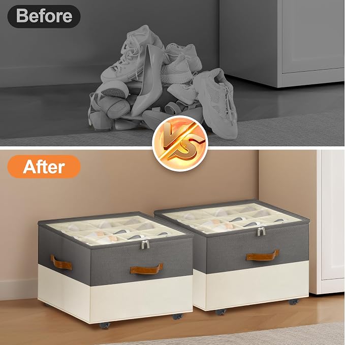 Foyego 2 Pack Shoe Organizer for Closet, with Wheels, Beige and Grey | Fits 32 Pairs, with Adjustable Dividers and Clear Cover, Saving Space Foldable Fabric Closet Shoe Storage Organizer Box Bins