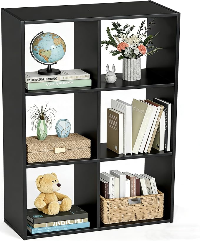 Simple Deluxe 6 Cube Storage Organizer, 3 Tier Stackable Bookshelf, Open Cube Bookshelf with 3 Removable Back Panels, Suitable for Living Room, Bedroom, Home Office, 36" L X 11.6" W X 24" H, Black