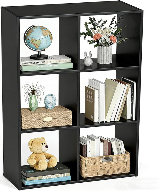 Simple Deluxe 6 Cube Storage Organizer, 3 Tier Stackable Bookshelf, Open Cube Bookshelf with 3 Removable Back Panels, Suitable for Living Room, Bedroom, Home Office, 36" L X 11.6" W X 24" H, Black